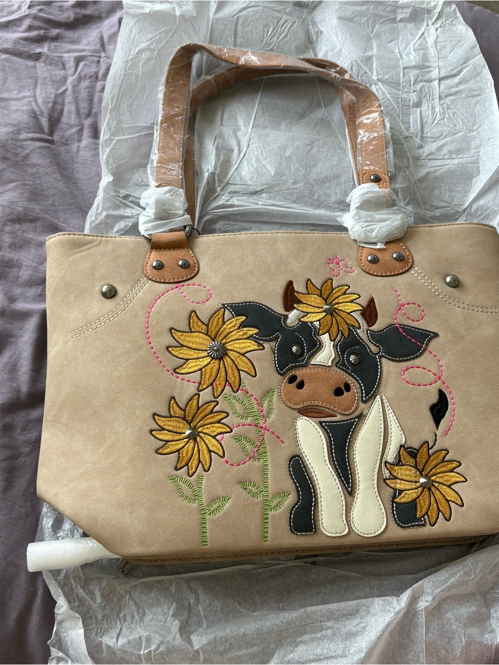 NWT Montana West Tote Purse Cow Embroidered Flower Brown Cream Faux Leather Bag - Picture 14 of 16